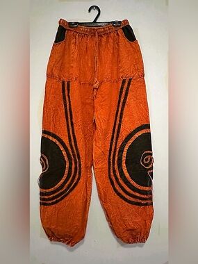 Vibrant Burnt Orange Boho Embroidered Harem Pants